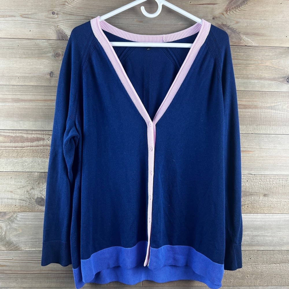 Talbots Womens Cardigan Sweater Button Up India Ink Pink Tipped Girlfriend XL